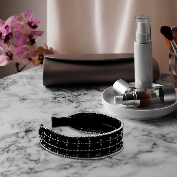 Halo Luxe Estella Tweed Pearl Trimmed Headband - Black