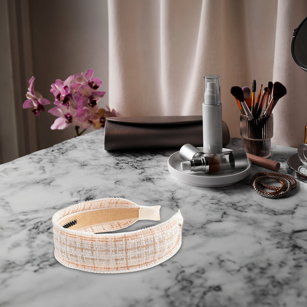 Halo Luxe Estella Tweed Pearl Trimmed Headband - Tan/Ivory