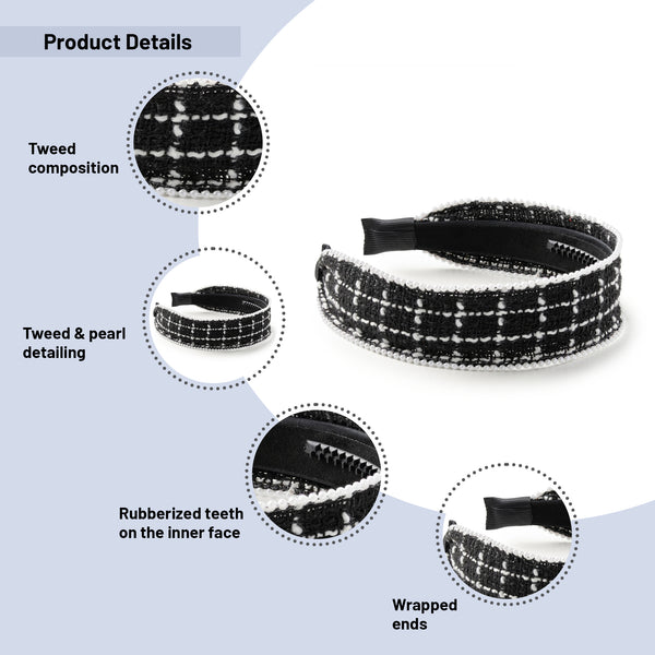 Halo Luxe Estella Tweed Pearl Trimmed Headband - Black