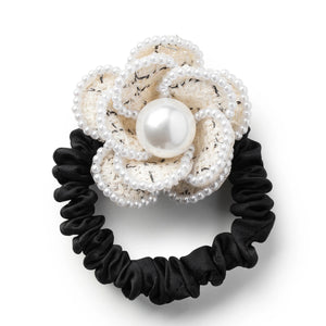 Halo Luxe Estella Tweed Pearl Trimmed Ponytail Holder for Girls in Ivory