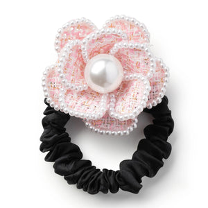 Black Halo Luxe Estella Tweed Pearl  Ponytail Holder for Girls with a pink flower and pearl in center