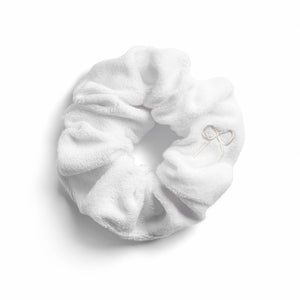 A white Halo Luxe Terry cloth scrunchie on a white background.