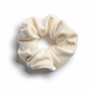 Ivory Halo Luxe Terry cloth scrunchie on a white background.