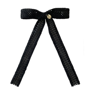 Della Chenille Lace Bow Long Tail Clip Black - Halo Luxe