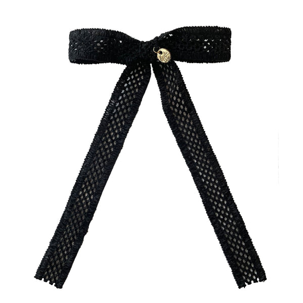 Della Chenille Lace Bow Long Tail Clip Black - Halo Luxe