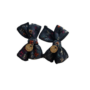 Elsie Printed Corduroy Double Bow Clip Indigo Floral - Halo Luxe