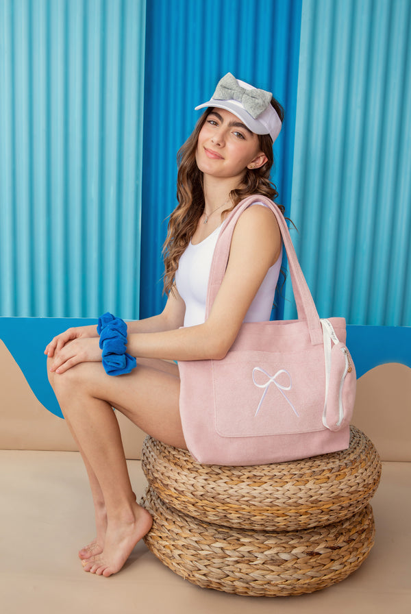 Bow logo terry resort tote bag rose - Halo Luxe