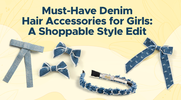 Blog banner with title- Denim hair accessories for girls on a yellow background.
