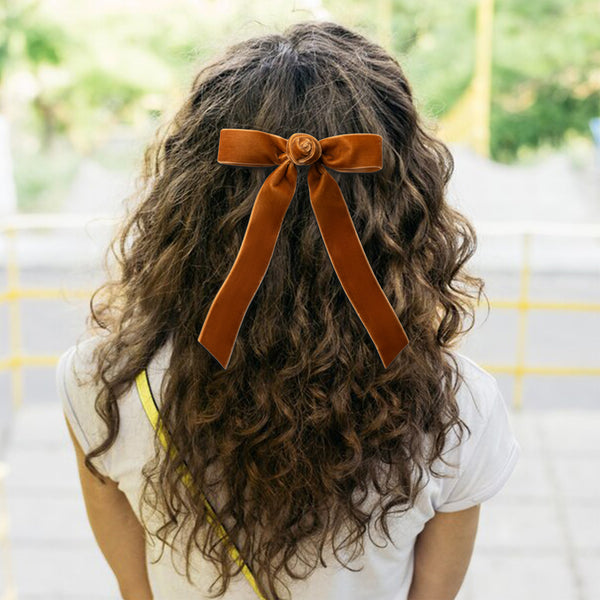 Halo Luxe Rosette Velvet Long Tail Clip - Caramel