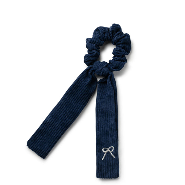 Halo Luxe Mia Corduroy Signature Bow Logo Long Tail Scrunchie - Navy