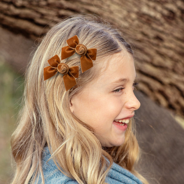 Halo Luxe Rosette Velvet Double Clip Set - Caramel