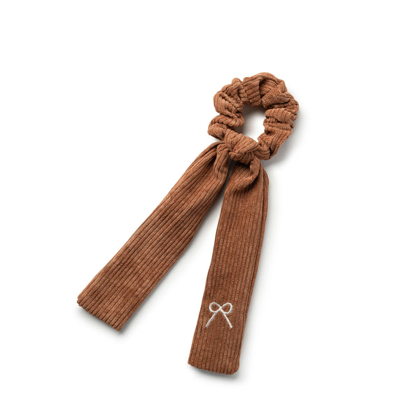 Halo Luxe Mia Corduroy Signature Bow Logo Long Tail Scrunchie - Caramel