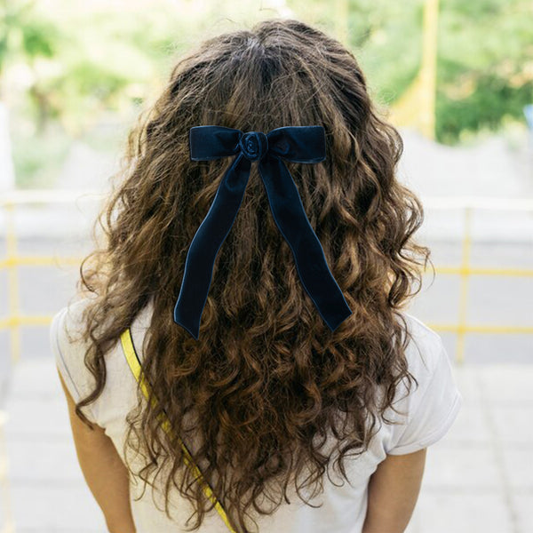 Halo Luxe Rosette Velvet Long Tail Clip - Navy