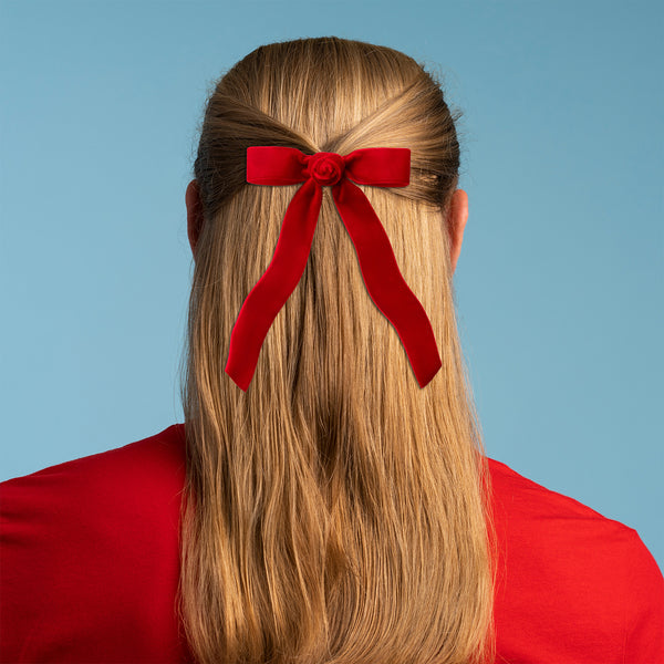 Halo Luxe Rosette Velvet Long Tail Clip - Red