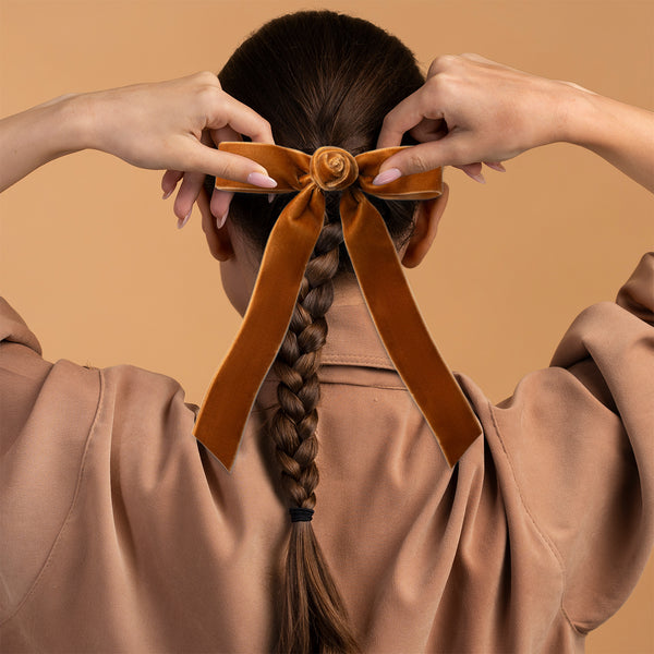 Halo Luxe Rosette Velvet Long Tail Clip - Caramel