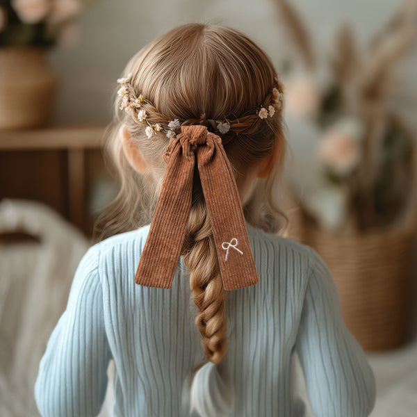 Halo Luxe Mia Corduroy Signature Bow Logo Long Tail Scrunchie - Caramel