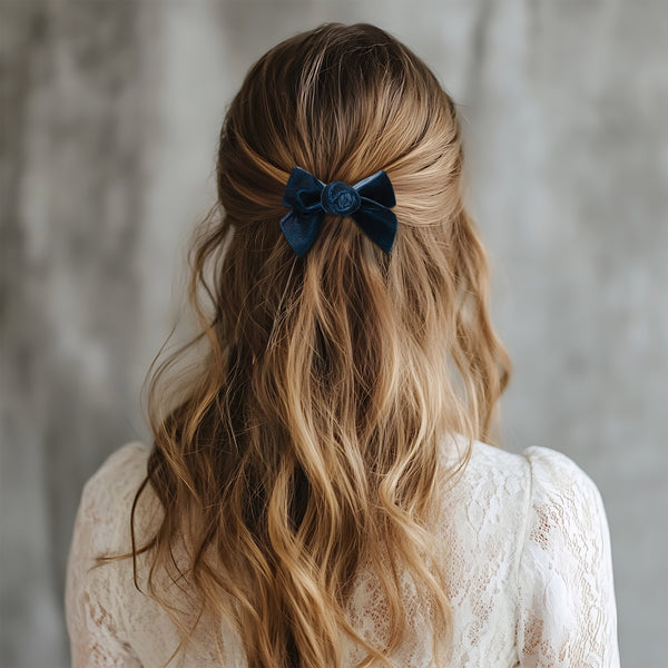 Halo Luxe Rosette Velvet Double Clip Set - Navy