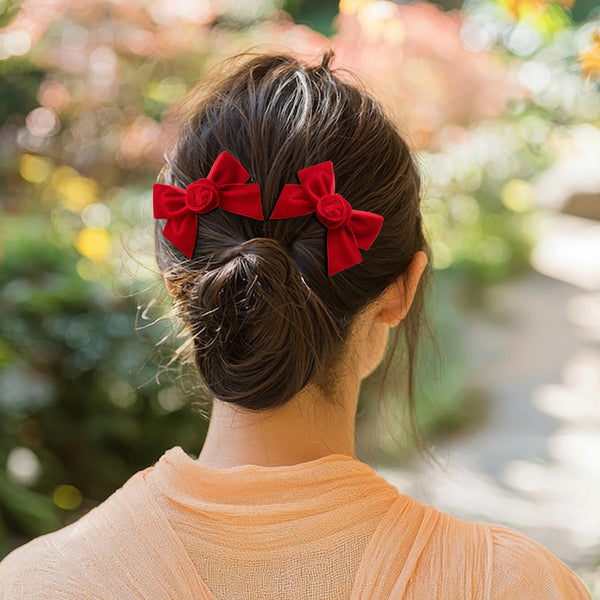 Halo Luxe Rosette Velvet Double Clip Set - Red