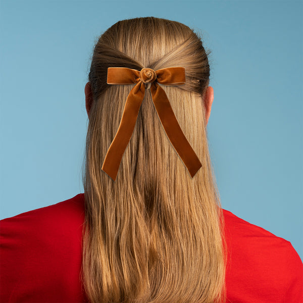 Halo Luxe Rosette Velvet Long Tail Clip - Caramel