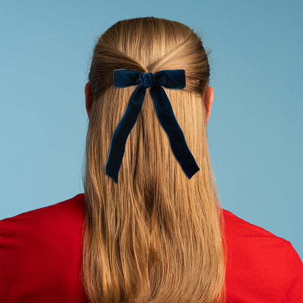 Halo Luxe Rosette Velvet Long Tail Clip - Navy