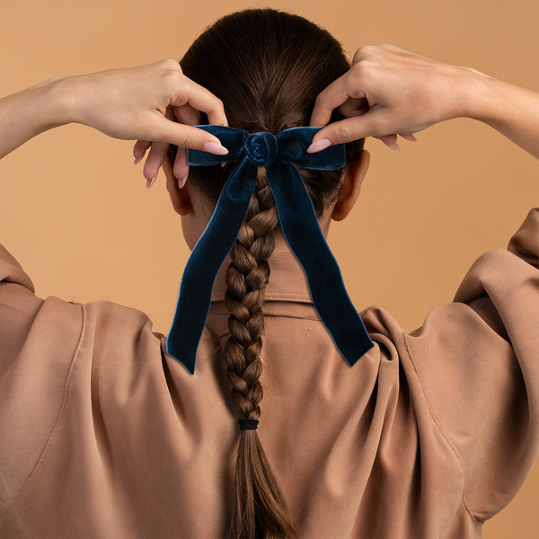 Halo Luxe Rosette Velvet Long Tail Clip - Navy