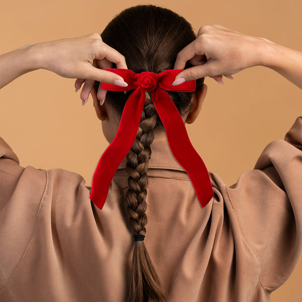 Halo Luxe Rosette Velvet Long Tail Clip - Red