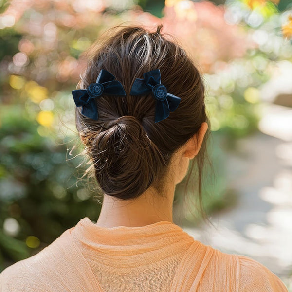Halo Luxe Rosette Velvet Double Clip Set - Navy