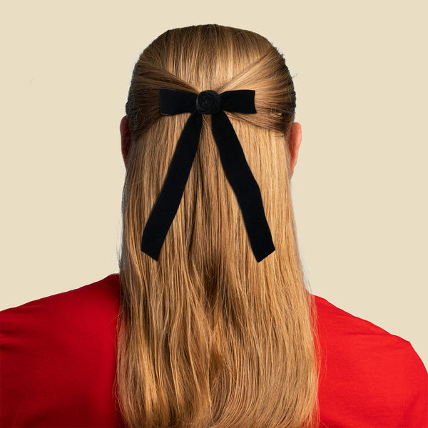 Halo Luxe Rosette Velvet Long Tail Clip - Black