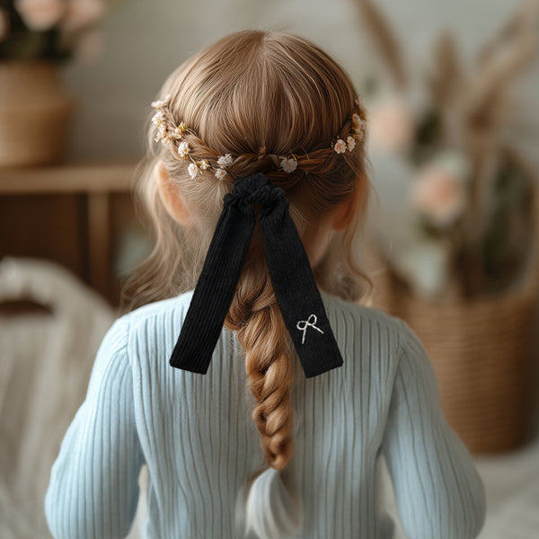 Halo Luxe Mia Corduroy Signature Bow Logo Long Tail Scrunchie - Black