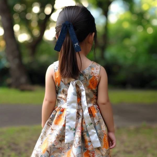 Halo Luxe Mia Corduroy Signature Bow Logo Long Tail Scrunchie - Navy