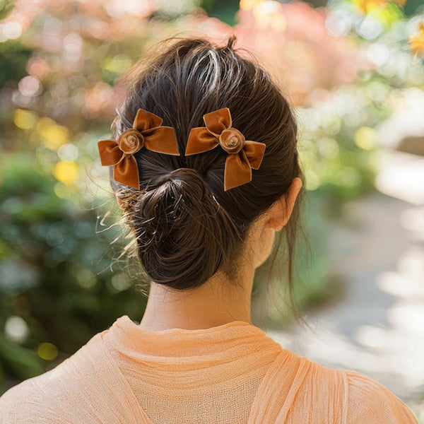 Halo Luxe Rosette Velvet Double Clip Set - Caramel