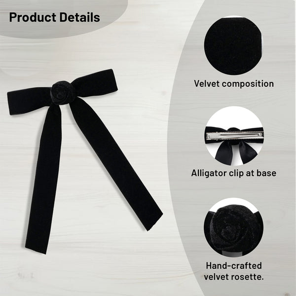 Halo Luxe Rosette Velvet Long Tail Clip - Black
