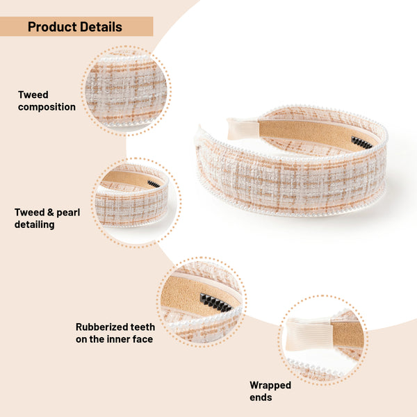 Halo Luxe Estella Tweed Pearl Trimmed Headband - Tan/Ivory