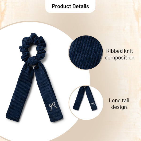 Halo Luxe Mia Corduroy Signature Bow Logo Long Tail Scrunchie - Navy