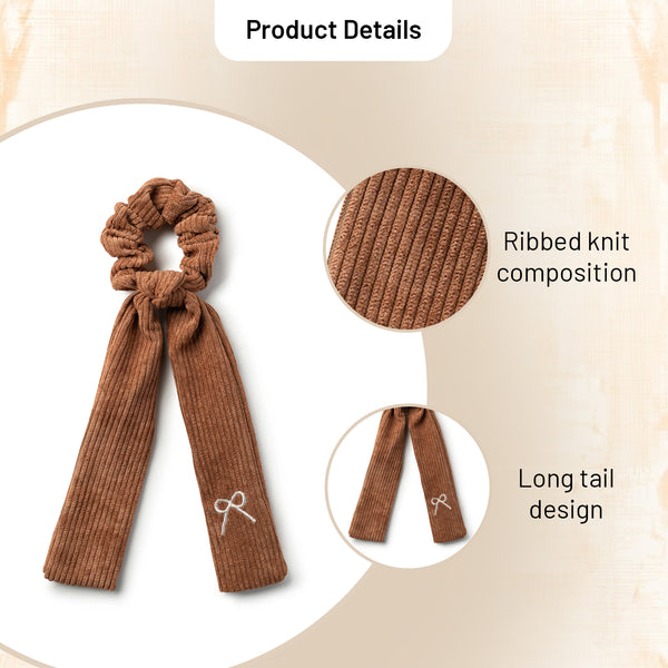 Halo Luxe Mia Corduroy Signature Bow Logo Long Tail Scrunchie - Caramel