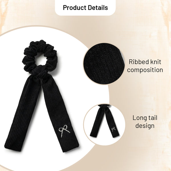 Halo Luxe Mia Corduroy Signature Bow Logo Long Tail Scrunchie - Black
