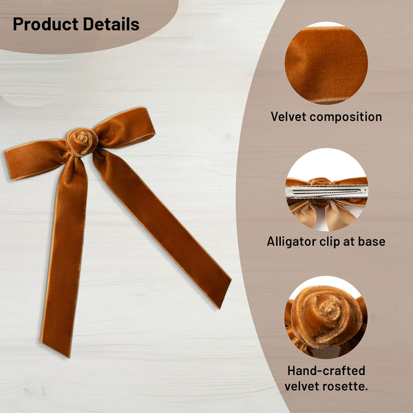 Halo Luxe Rosette Velvet Long Tail Clip - Caramel