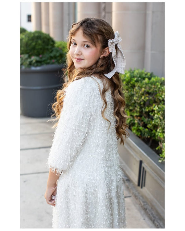 Halo Luxe Estella Tweed Pearl Trimmed Long Tail Clip - Tan/Ivory