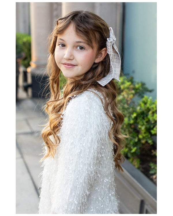 Halo Luxe Estella Tweed Pearl Trimmed Long Tail Clip - Tan/Ivory