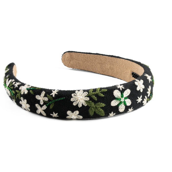 Black Floral embroidered headband for girls on a white background