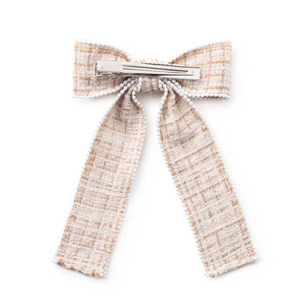 Halo Luxe Estella Tweed Pearl Trimmed Long Tail Clip - Tan/Ivory