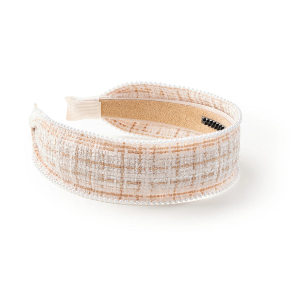 Halo Luxe Estella Tweed Pearl Trimmed Headband - Tan/Ivory