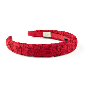 Red lace headband with Haloluxe branding 