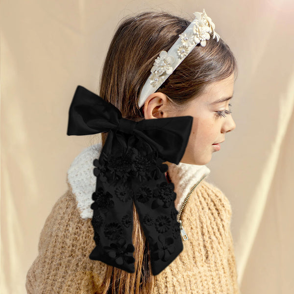 Halo Luxe Dalia Pearl Flower Embellished Satin Long Tail Clip - Black