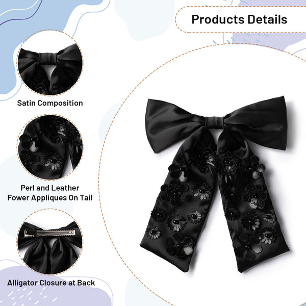 Halo Luxe Dalia Pearl Flower Embellished Satin Long Tail Clip - Black