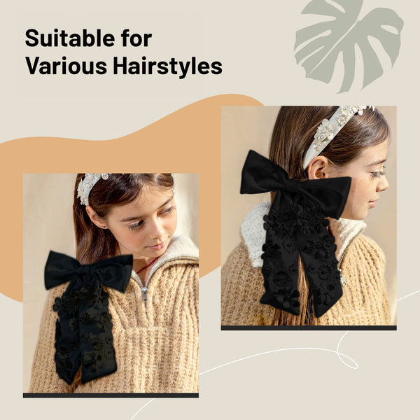 Halo Luxe Dalia Pearl Flower Embellished Satin Long Tail Clip - Black