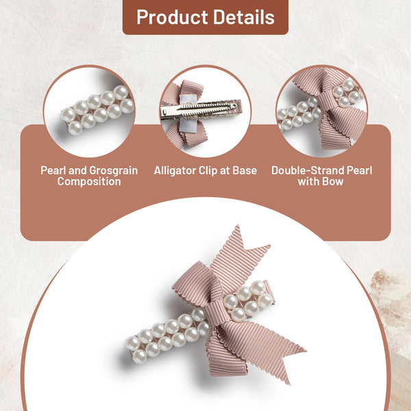 Halo Luxe Molly Double Strand Pearl Grosgrain Bow Clip - Mocha