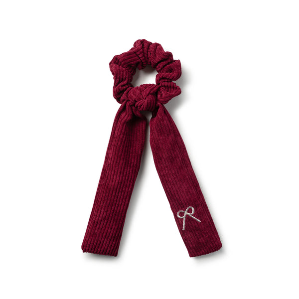 Halo Luxe Mia Corduroy Signature Bow Logo Long Tail Scrunchie - Ruby