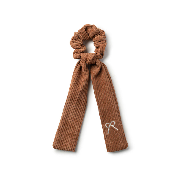 Halo Luxe Mia Corduroy Signature Bow Logo Long Tail Scrunchie - Caramel