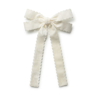 White VELVET HAIR BOW CLIP with ruffled ribbons on a white background